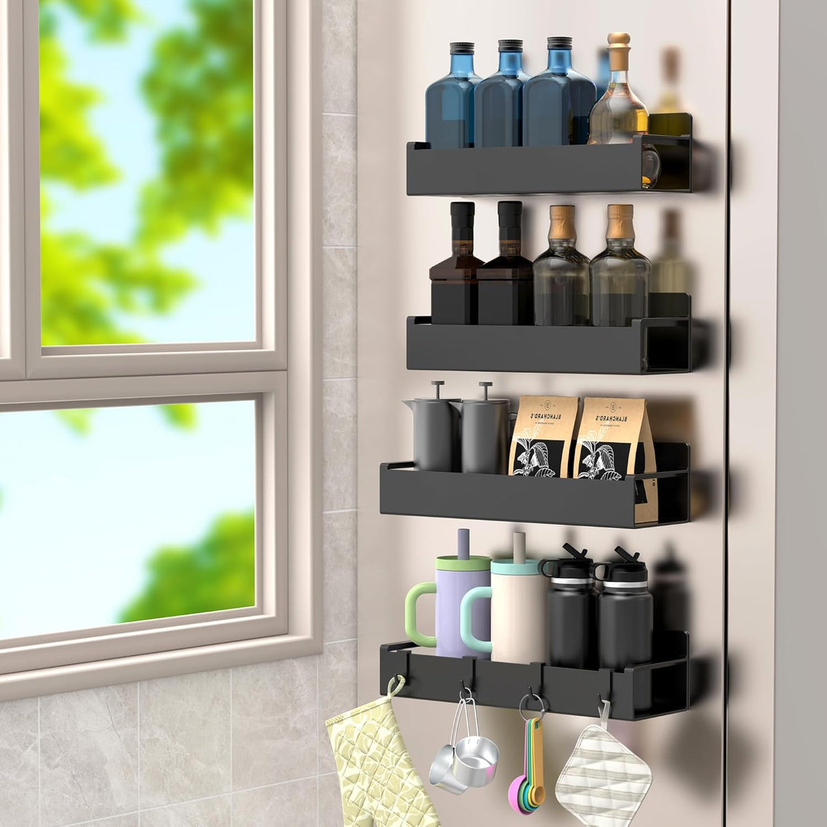 4 Pack Magnetic Spice Rack Organizer for Refrigerator and Oven, Matt Black Fridge Organizers and