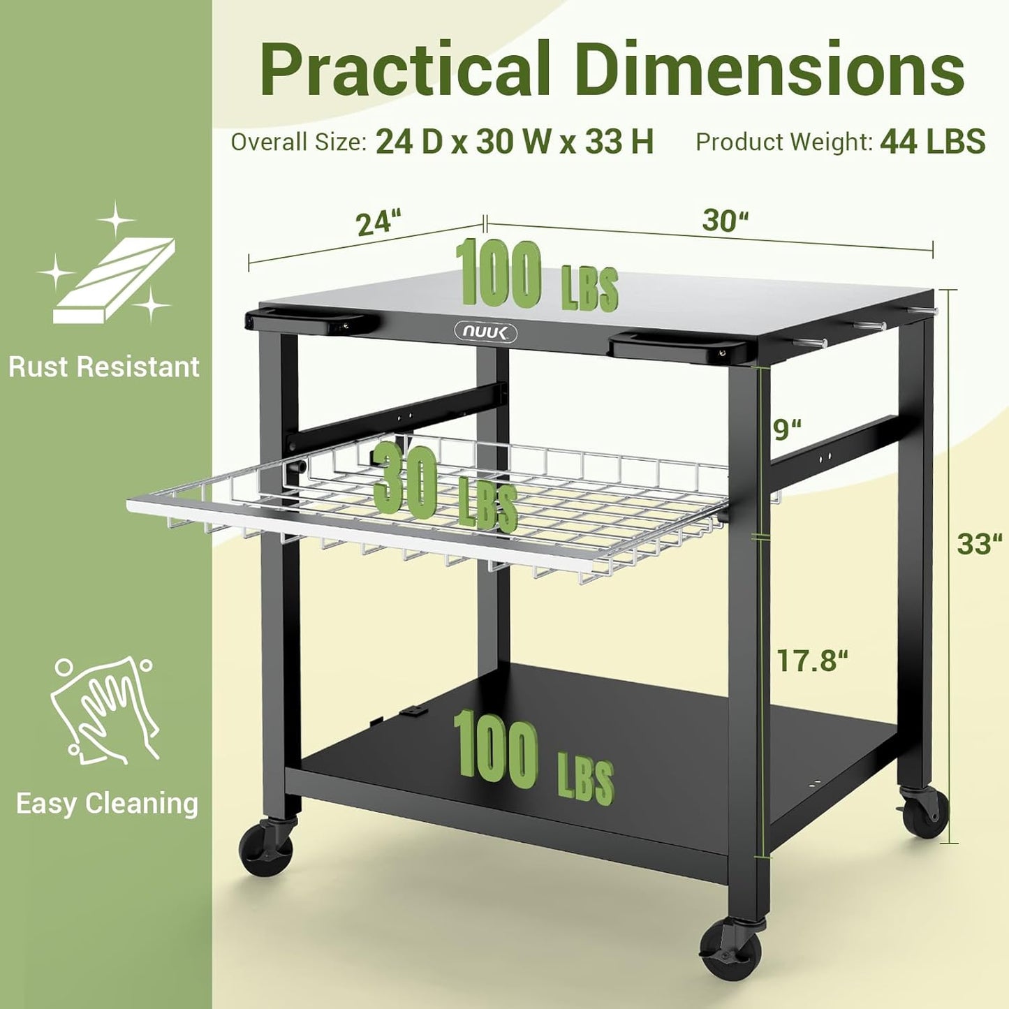 NUUK Outdoor Grill Cart 30"x 24" Pizza Oven Table 3-Shelf with Drawer BBQ Grilling Carts Outside