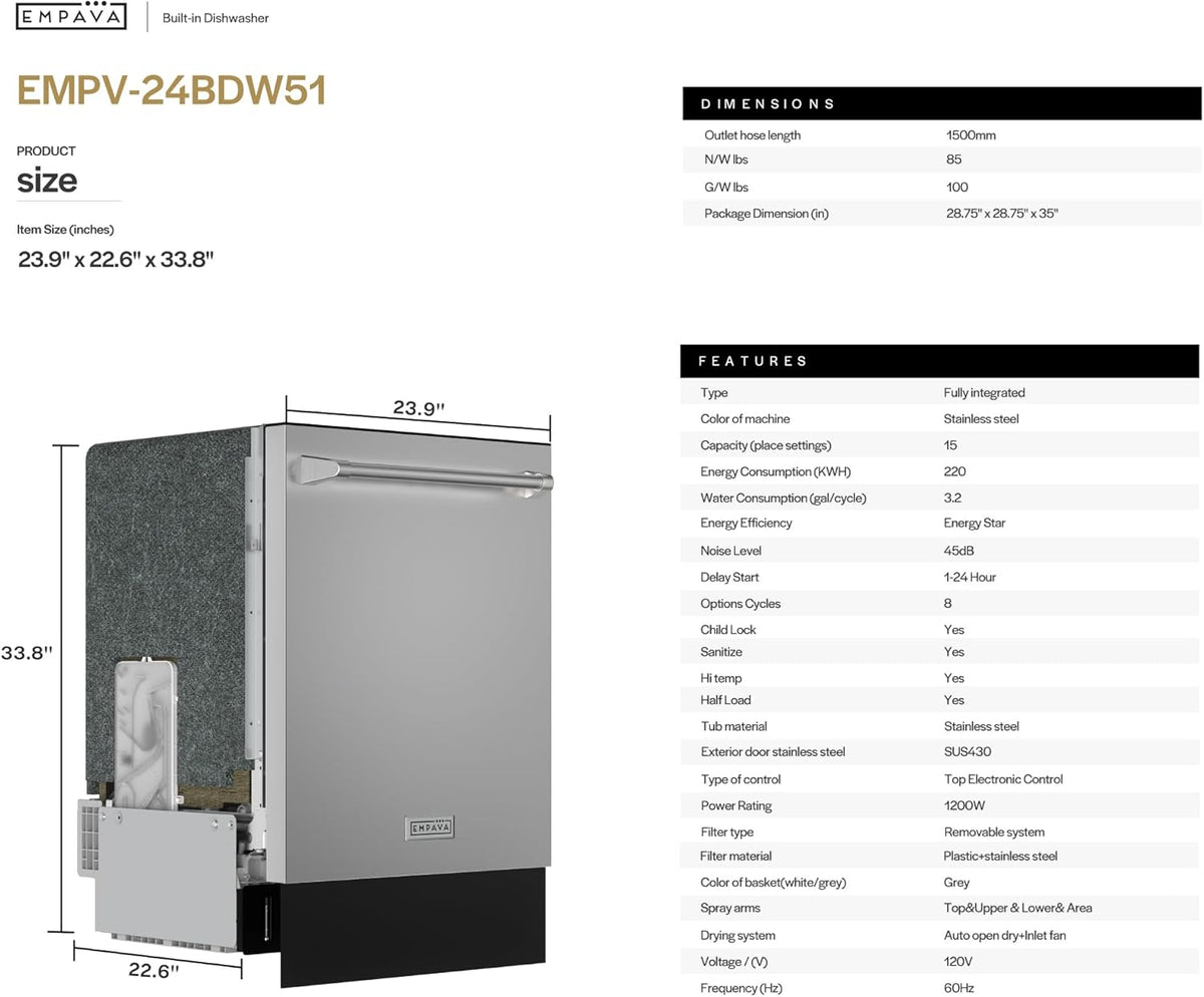 Empava 24 Inch Built-in Dishwasher, Stainless Steel Tub, 15 Place Settings 8 Wash Cycles, 3 Racks