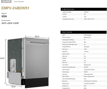 Empava 24 Inch Built-in Dishwasher, Stainless Steel Tub, 15 Place Settings 8 Wash Cycles, 3 Racks