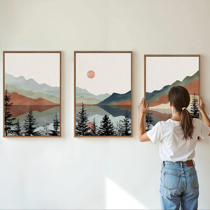Tinonedraw Boho Mountain Framed Canvas Wall Art Set, Watercolor Nature Landscape Wall Decor, Black