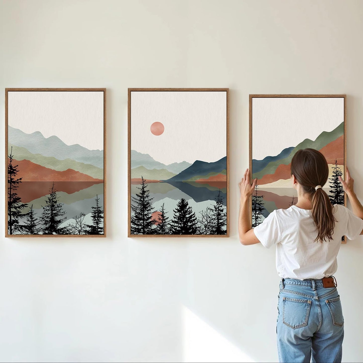 Tinonedraw Boho Mountain Framed Canvas Wall Art Set, Watercolor Nature Landscape Wall Decor, Black