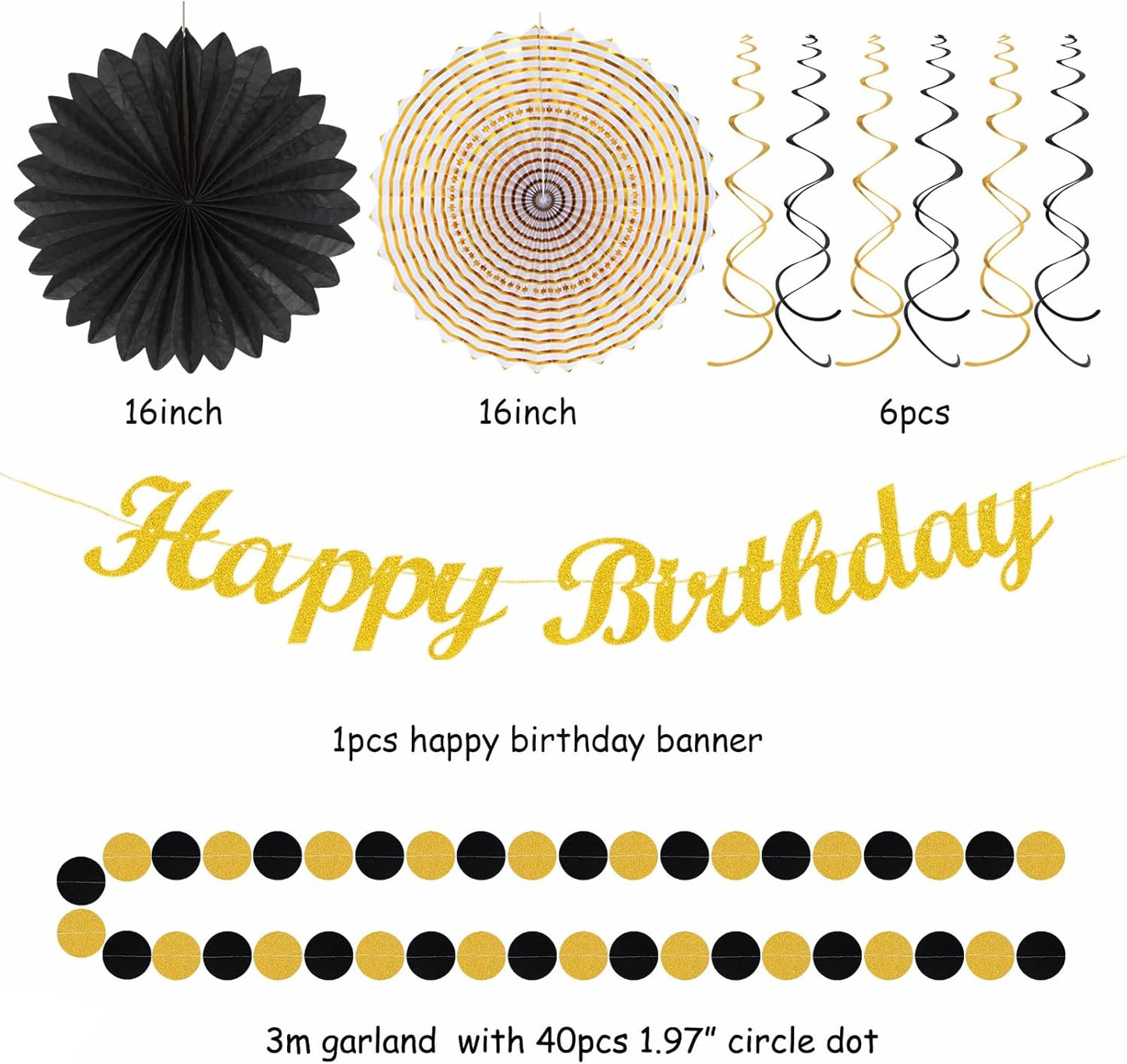 Black Gold Women-Men Birthday Party-decorations - 21pcs Happy Banner,Paper Streamers Lanterns