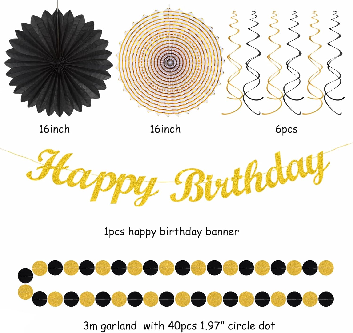 Black Gold Women-Men Birthday Party-decorations - 21pcs Happy Banner,Paper Streamers Lanterns