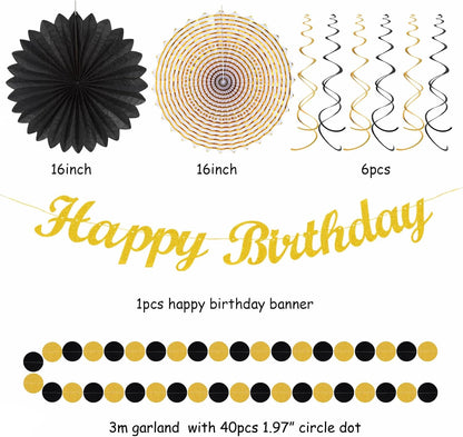 Black Gold Women-Men Birthday Party-decorations - 21pcs Happy Banner,Paper Streamers Lanterns