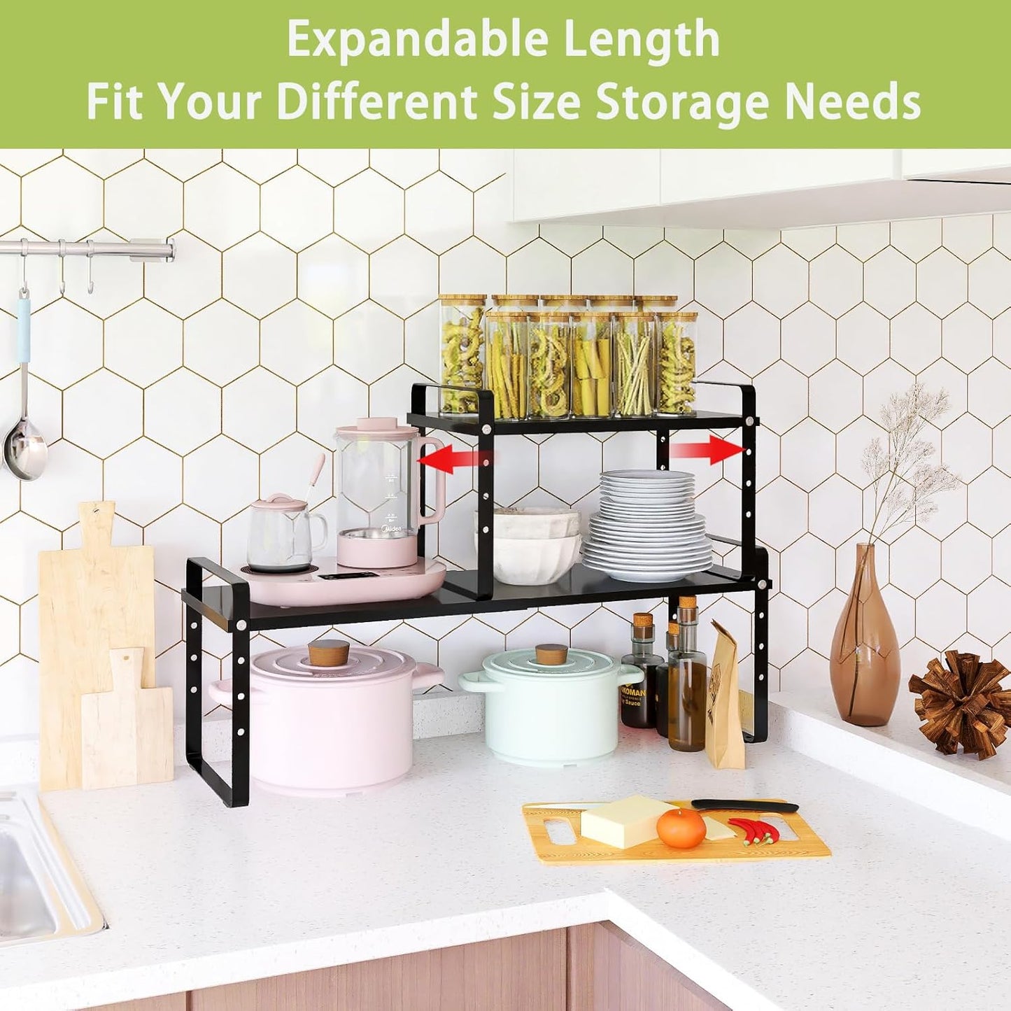 Expandable Cabinet Shelf Organizer Rack, Stackable Kitchen Counter Storage Shelves Stand