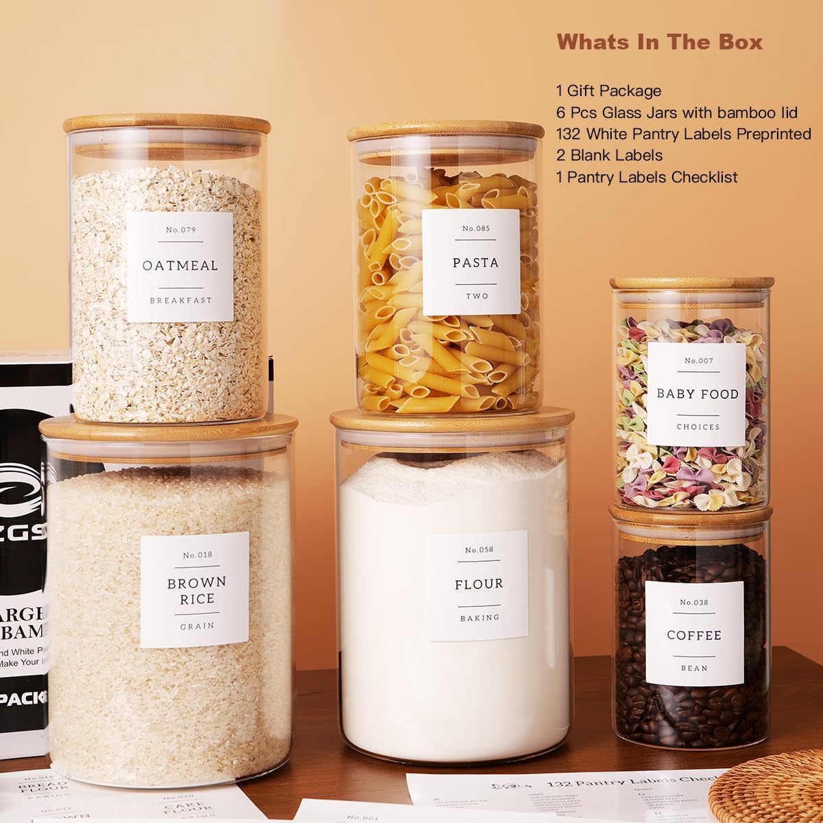 Set of 6 Glass Flour and Sugar jars with 132 Kitchen Pantry Labels - Thicken Large Glass Storage