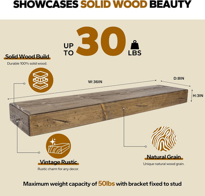Floating Shelves 3 inch Thick for Wall Set of 2,Solid Pine Wood Wall Mount Shelf for Kitchen Living