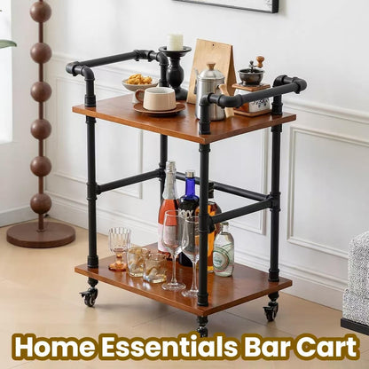 Industrial Pipe Bar Carts/Serving Carts/Kitchen Carts/Wine Rack Carts on Wheels with Shelves - Wood
