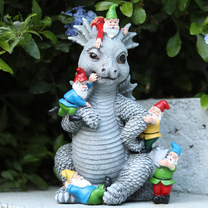 Dragon Gnome Statues Outdoor Decor, 13” Dinosaur Play with Gnomes Garden Statue, Outdoor Statue for