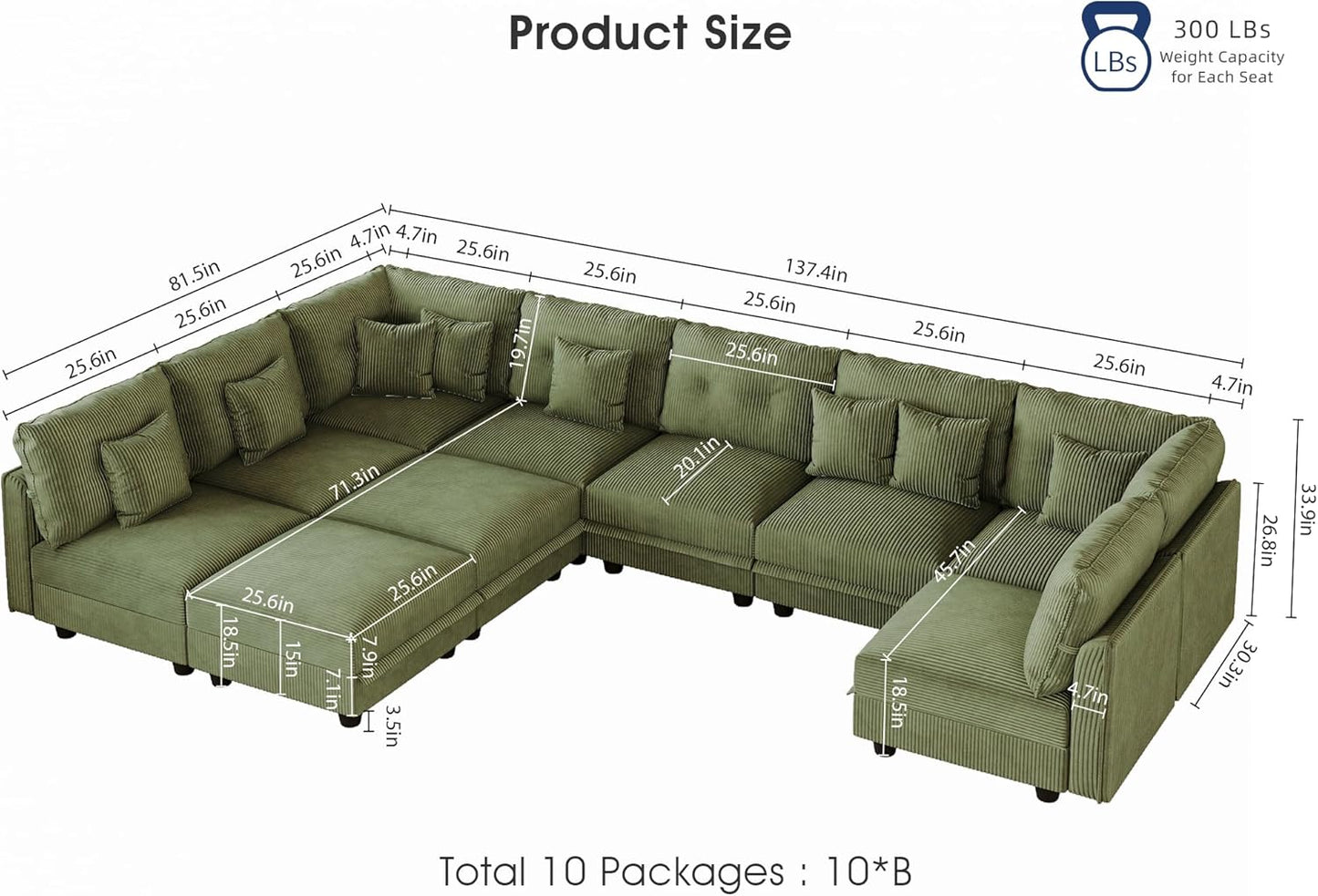 LLappuil Modular Sectional Sofa with Storage Seats, Corduroy Convertible Modular U Shaped Sectional