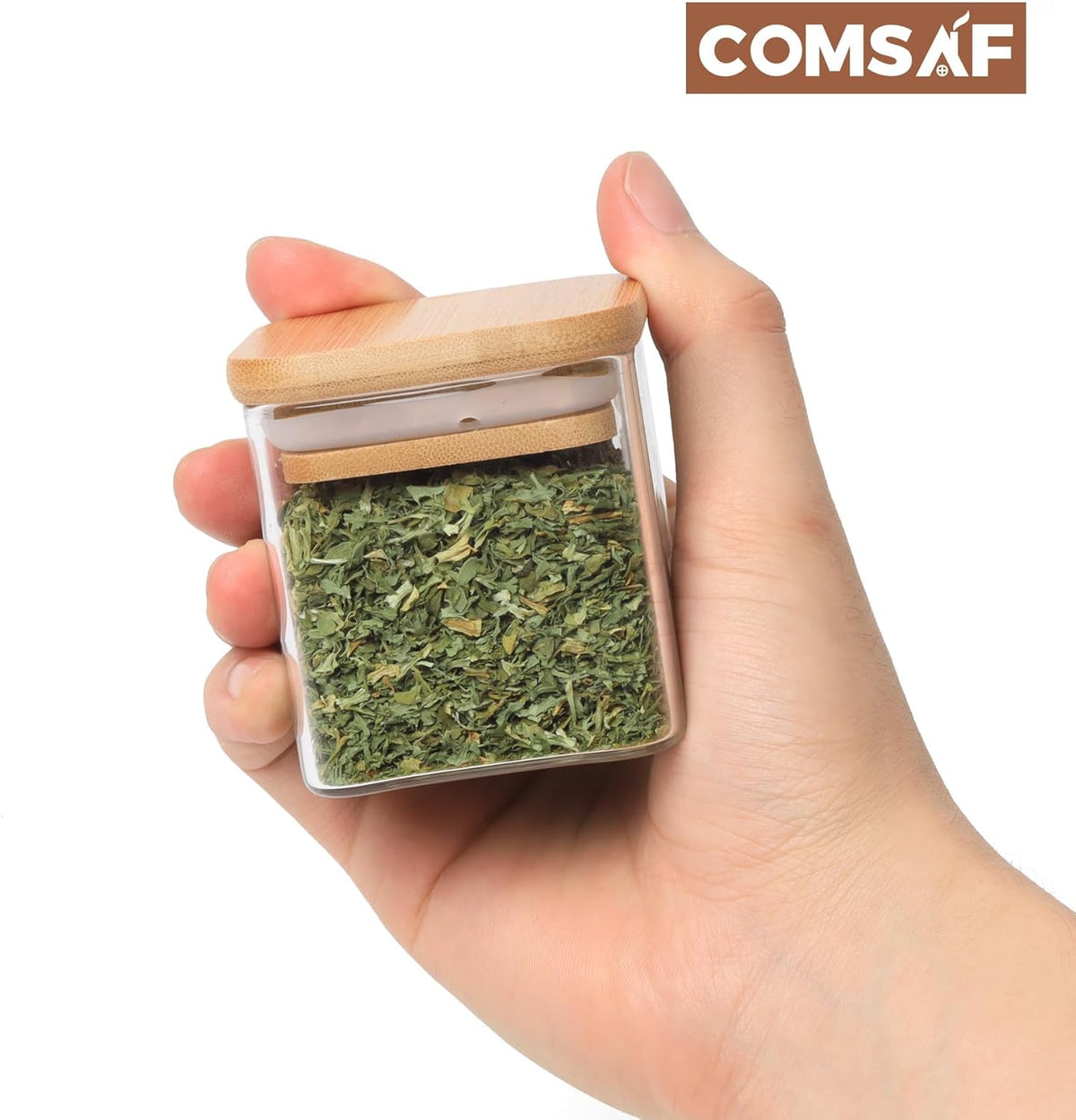 ComSaf 12Pcs Glass Spice Jars with Bamboo Lid, 4oz Airtight Square Spice Containers with 275 Black