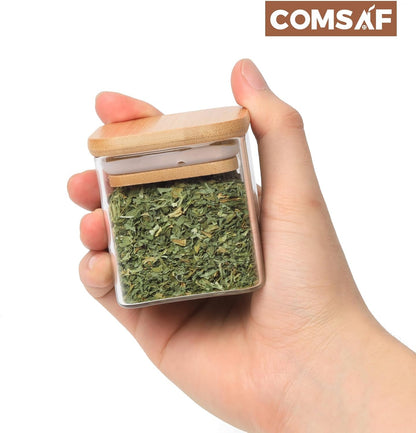 ComSaf 12Pcs Glass Spice Jars with Bamboo Lid, 4oz Airtight Square Spice Containers with 275 Black