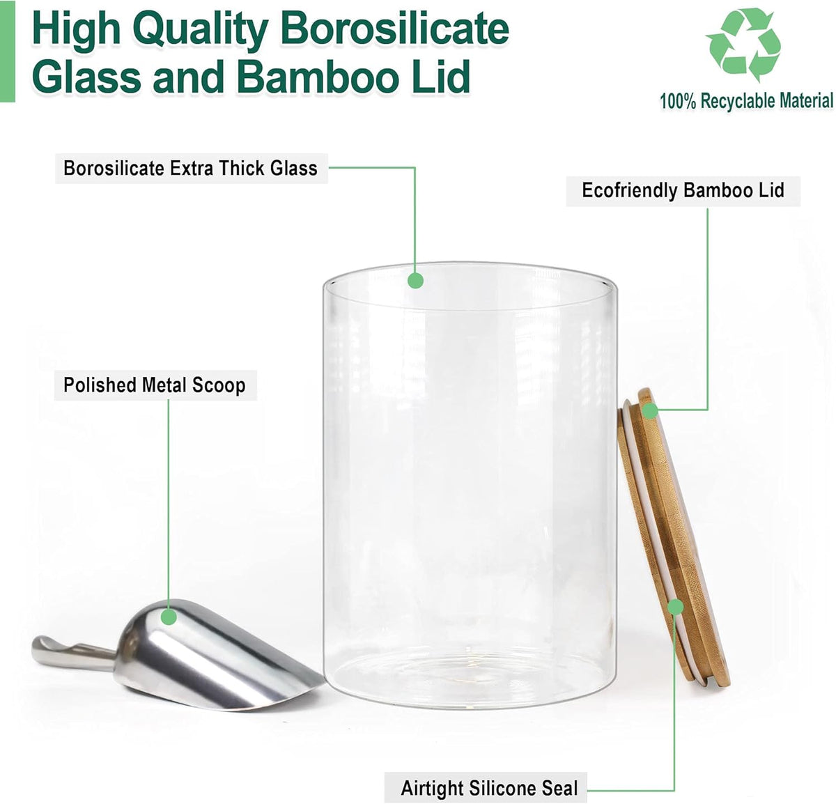 Urban Green Glass Jar with Bamboo Lids (2 sets 100oz) with Metal Scoop, Food Storage Containers