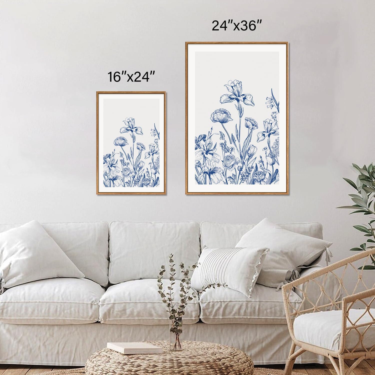 SIGNINART Classic Chinoiserie Botanical Framed Canvas Wall Art, Blue and White Floral Wall Decor