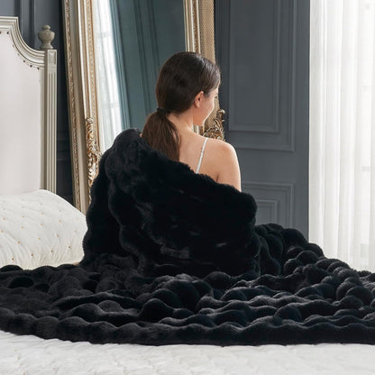 Cozy Bliss Faux Fur Throw Blanket for Couch, Fuzzy Soft Plush Thick Bubble Blanket for Sofa Bedroom