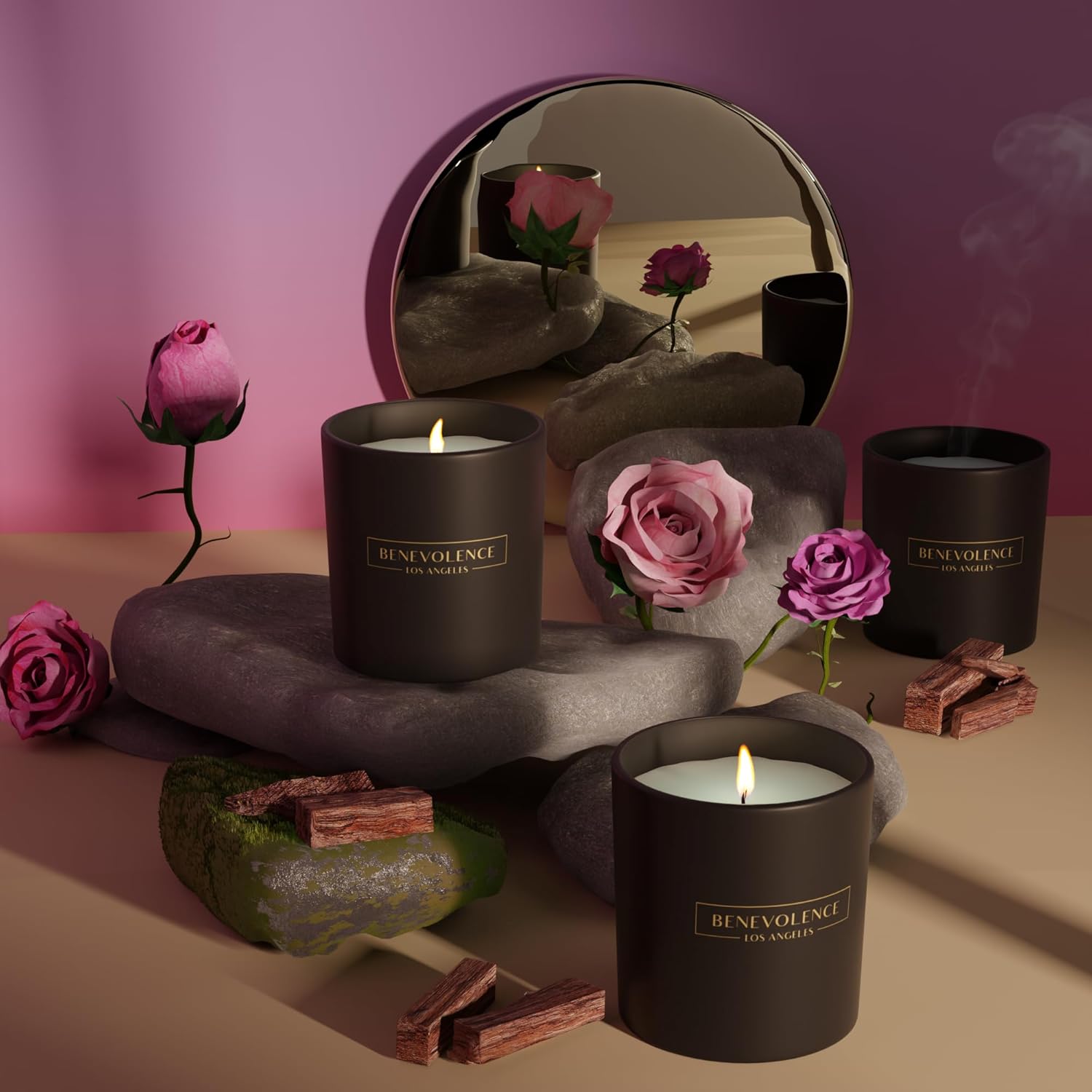 Benevolence LA Clearance Candles Rose & Sandalwood Scented Candle | Soy Candles, Black Candle for
