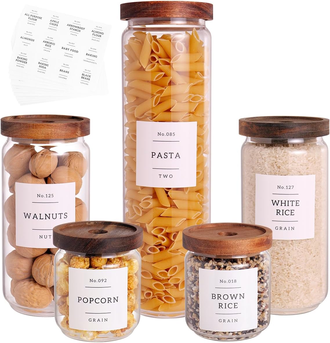 5 Set Glass Pantry Storage Jars with Acacia Airtight Lid - Thicken Glass Kitchen Canisters with 132