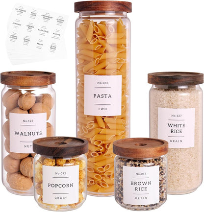 5 Set Glass Pantry Storage Jars with Acacia Airtight Lid - Thicken Glass Kitchen Canisters with 132