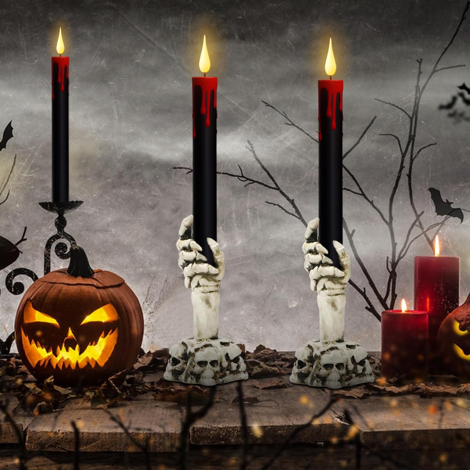 GenSwin Halloween Black Taper Flameless Candles with Ghost Hand Candlesticks and Remote Timer, 2