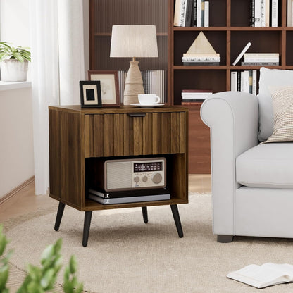 Smuxee Walnut Wooden Night Stand, Mid Century Nightstand with Fluted Drawer, Bedside Table with