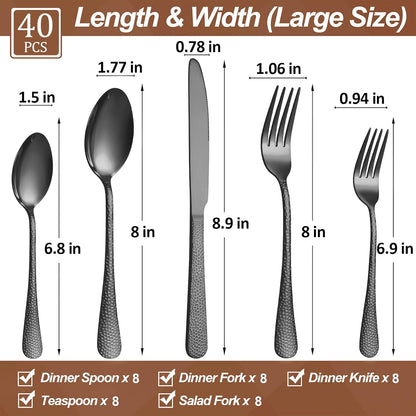 40 Pcs Black Silverware Set for 8 with Hammered Design, Food Grade Stainless Steel Flatware Set