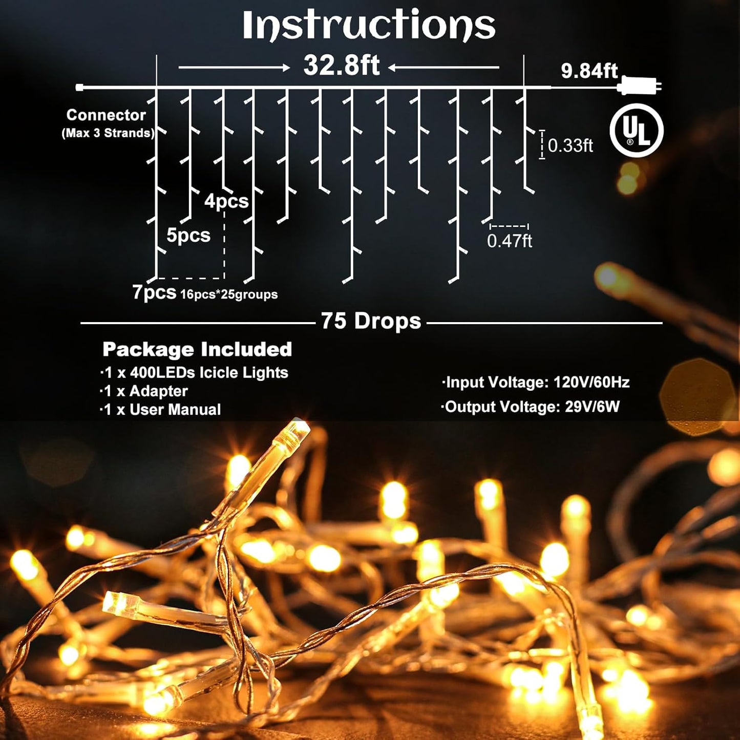 Icicle lights Outdoor - 33ft Christmas Lights with 400LED 75 Drops 8 Modes, Plug in Curtain String