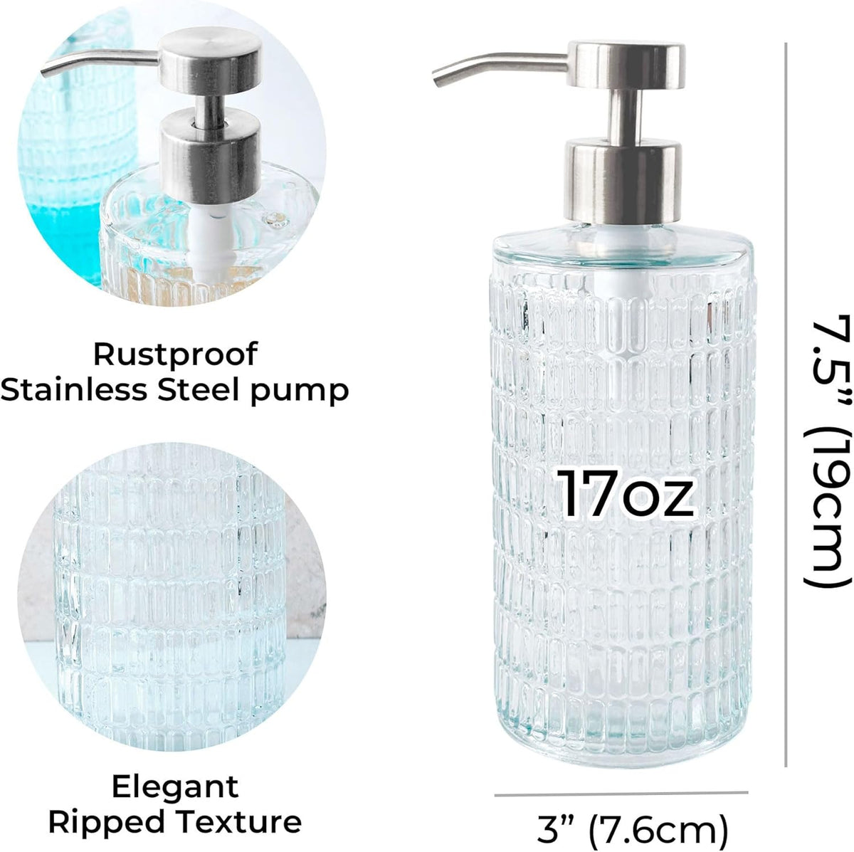 Lunestella Elegant Glass Hand Soap Dispenser with Stainless Steel Pump, for Bathroom and Kitchen