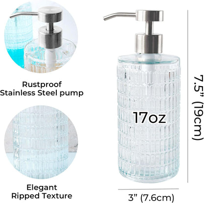 Lunestella Elegant Glass Hand Soap Dispenser with Stainless Steel Pump, for Bathroom and Kitchen