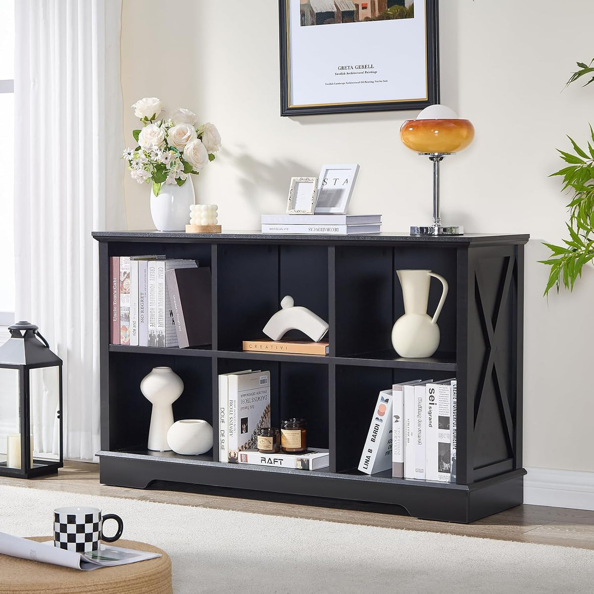 Farmhouse 6 Cube Bookshelf, Black Storage Organizer Bookcase, Kids Toy Storage Cabinet, Long