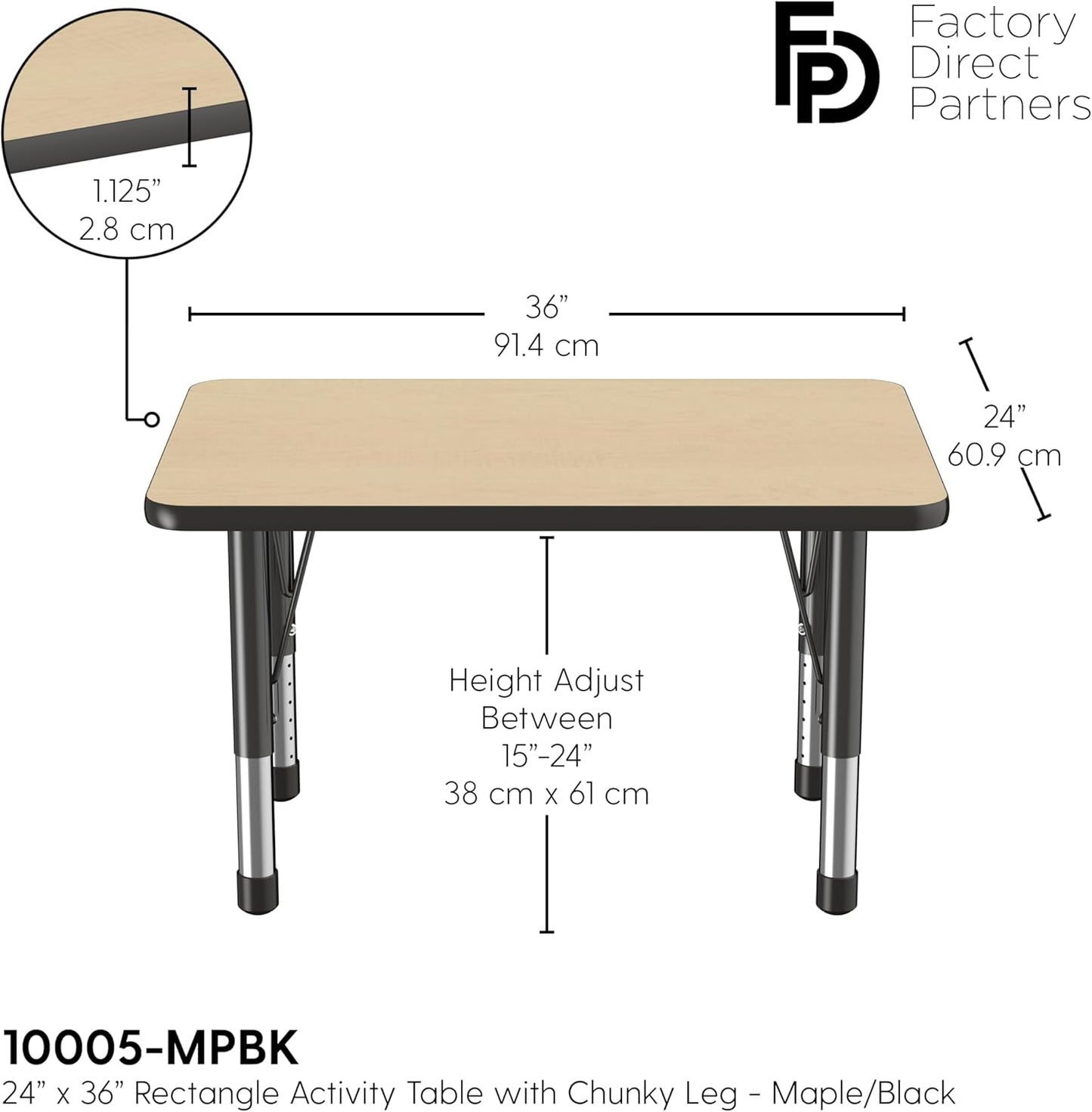 FDP Rectangle Activity School and Classroom Kids Table (24 x 36 inch), Chunky Toddler Leg