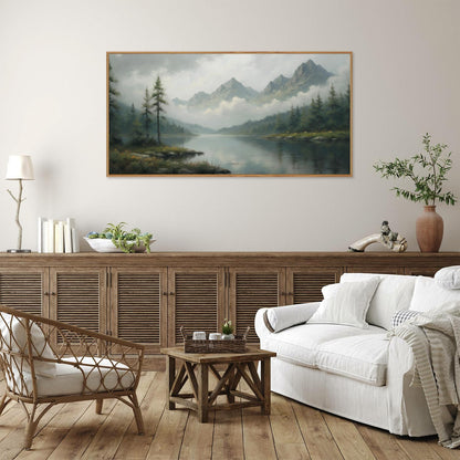 SIGNINART Large Misty Mountain Framed Canvas Wall Art, Green Forest River Scenery Wall Decor