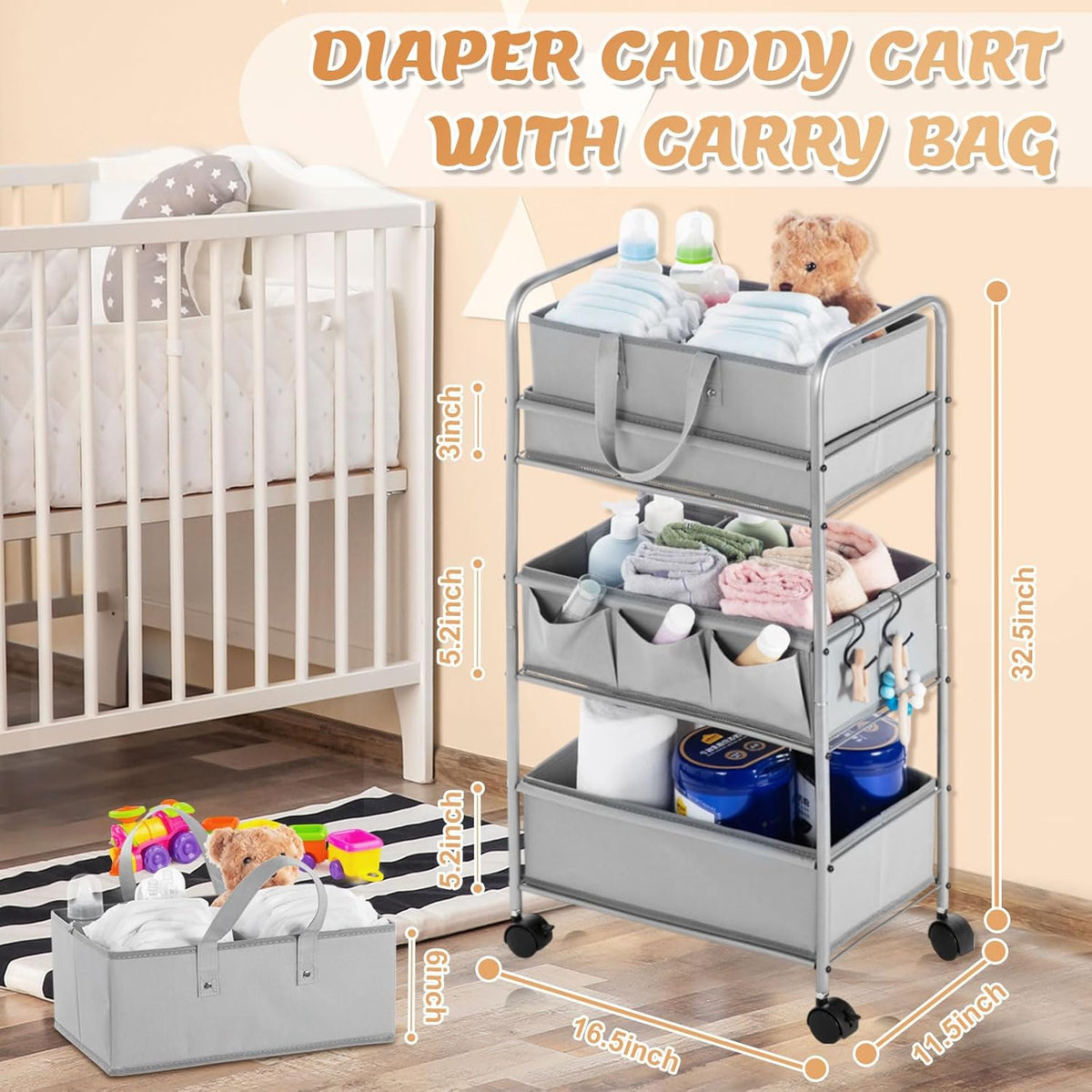 Honeydak 2in1 Baby Diaper Caddy Organizer Cart 3 Tier Large Capacity Metal Utility Bedside Rolling