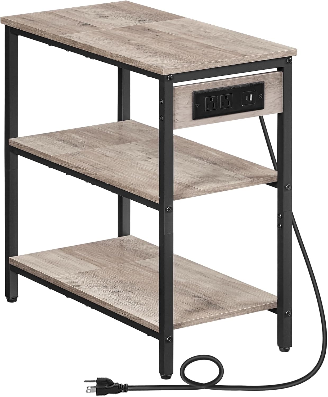 HOOBRO End Table with Charging Station, Simple Rustic Side Table with 3-Tier Storage Shelf, Narrow