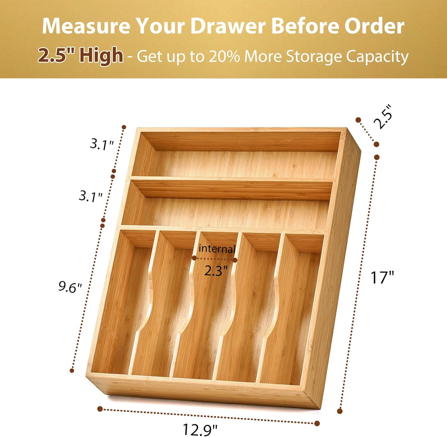 Umilife Bamboo Kitchen Drawer Organizer, 13 Inch Silverware Utensil Tray Holder, Extra Deep Grooved