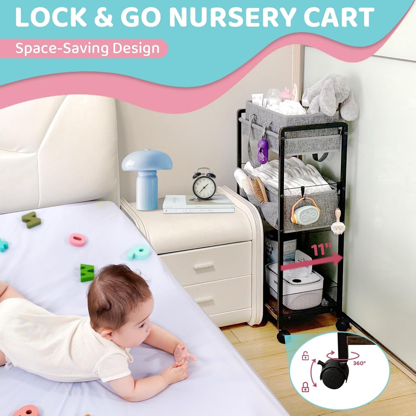2IN1 Baby Diaper Caddy Organizer-3 Tier Rolling Storage Cart with Dividers - Bedside Diaper Caddy
