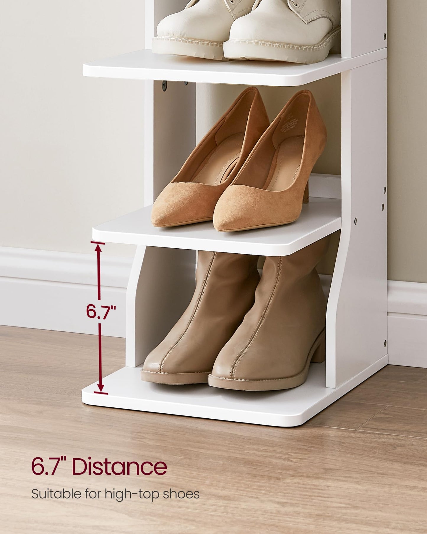 VASAGLE 7-Tier Vertical Shoe Rack, Narrow Shoe Storage Organizer with Hooks, Slim Corner Tower