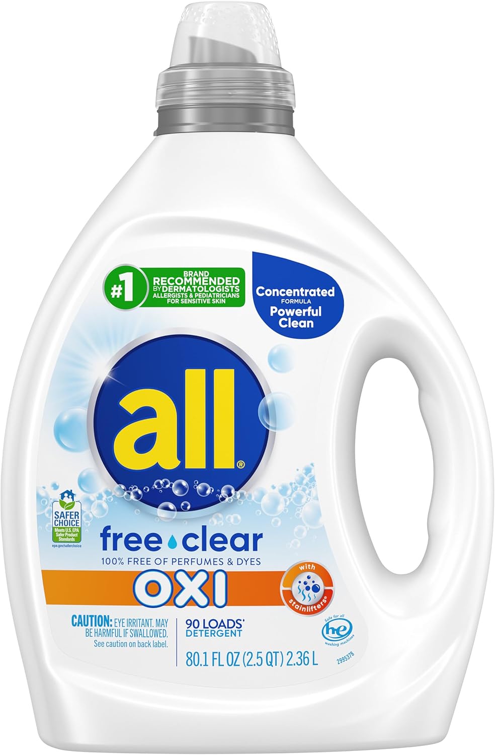 all Liquid Laundry Detergent, Free Clear for Sensitive Skin with OXI, Unscented and Hypoallergenic