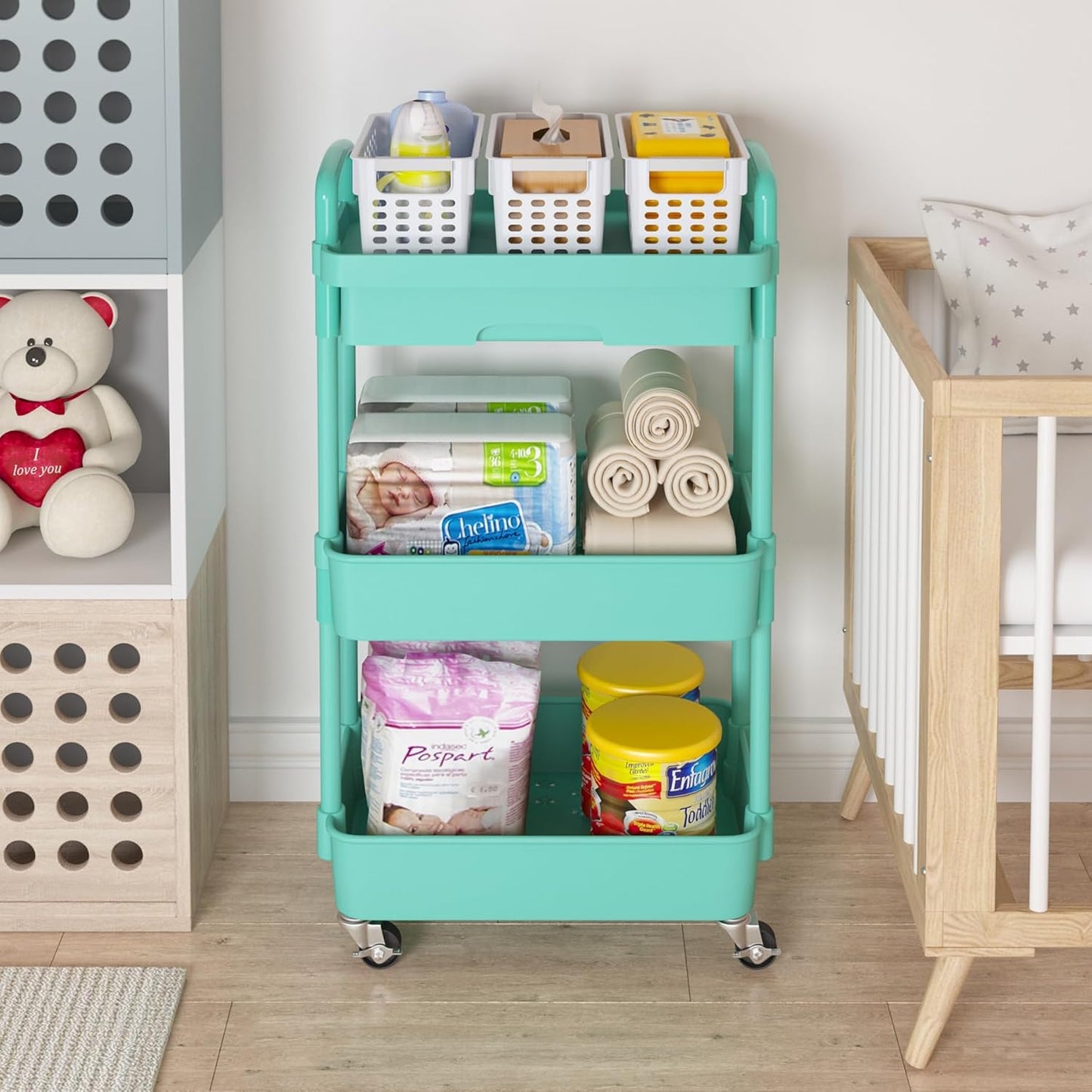 Calmootey 3-Tier Rolling Utility Cart with Drawer,Multifunctional Storage Organizer with Plastic