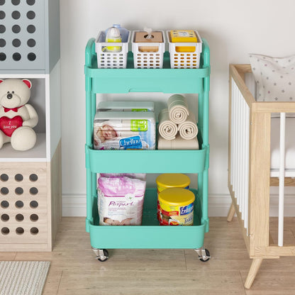 Calmootey 3-Tier Rolling Utility Cart with Drawer,Multifunctional Storage Organizer with Plastic
