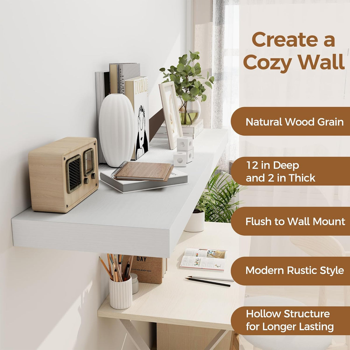 White Floating Shelves 48 Inch Long, 12 Inch Deep Floating Shelves for Wall, 48 x 12 Large Wall
