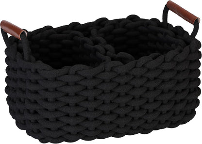 Sea Team 3-Pack Rectangle Woven Cotton Rope Storage Baskets with Handles, Shelf Basket, Closet