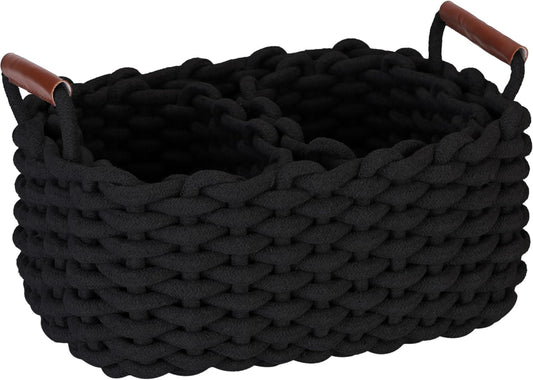 Sea Team 3-Pack Rectangle Woven Cotton Rope Storage Baskets with Handles, Shelf Basket, Closet