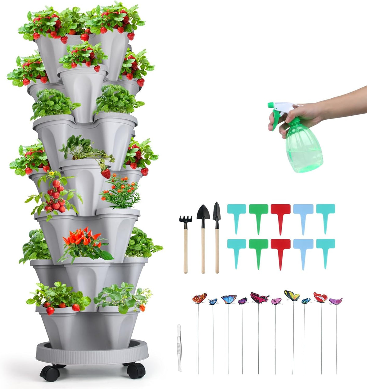 Vertical Planter, 7 Tier Stackable Strawberry Planter with Garden Tool Set, Movable Indoor/Outdoor