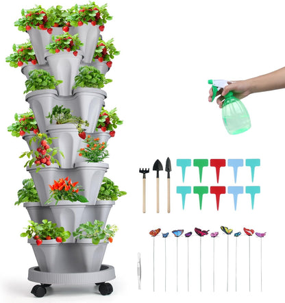 Vertical Planter, 7 Tier Stackable Strawberry Planter with Garden Tool Set, Movable Indoor/Outdoor