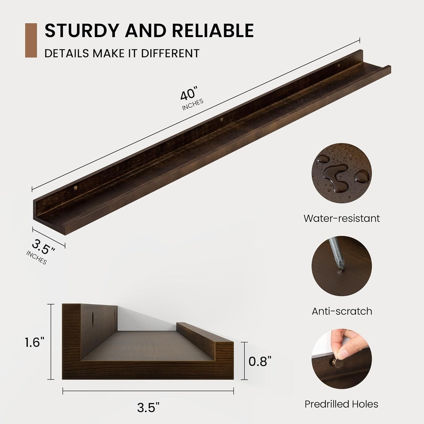 Picture Ledge Shelf, Solid Pine Wood Floating Shelves Set of 2, 40 Inches Nursery Book Shelves for