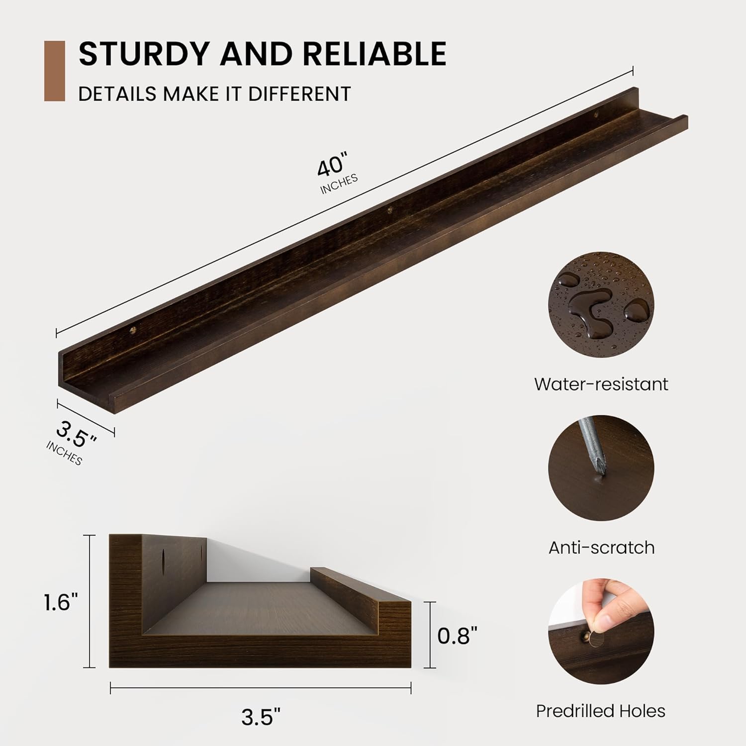 Picture Ledge Shelf, Solid Pine Wood Floating Shelves Set of 2, 40 Inches Nursery Book Shelves for