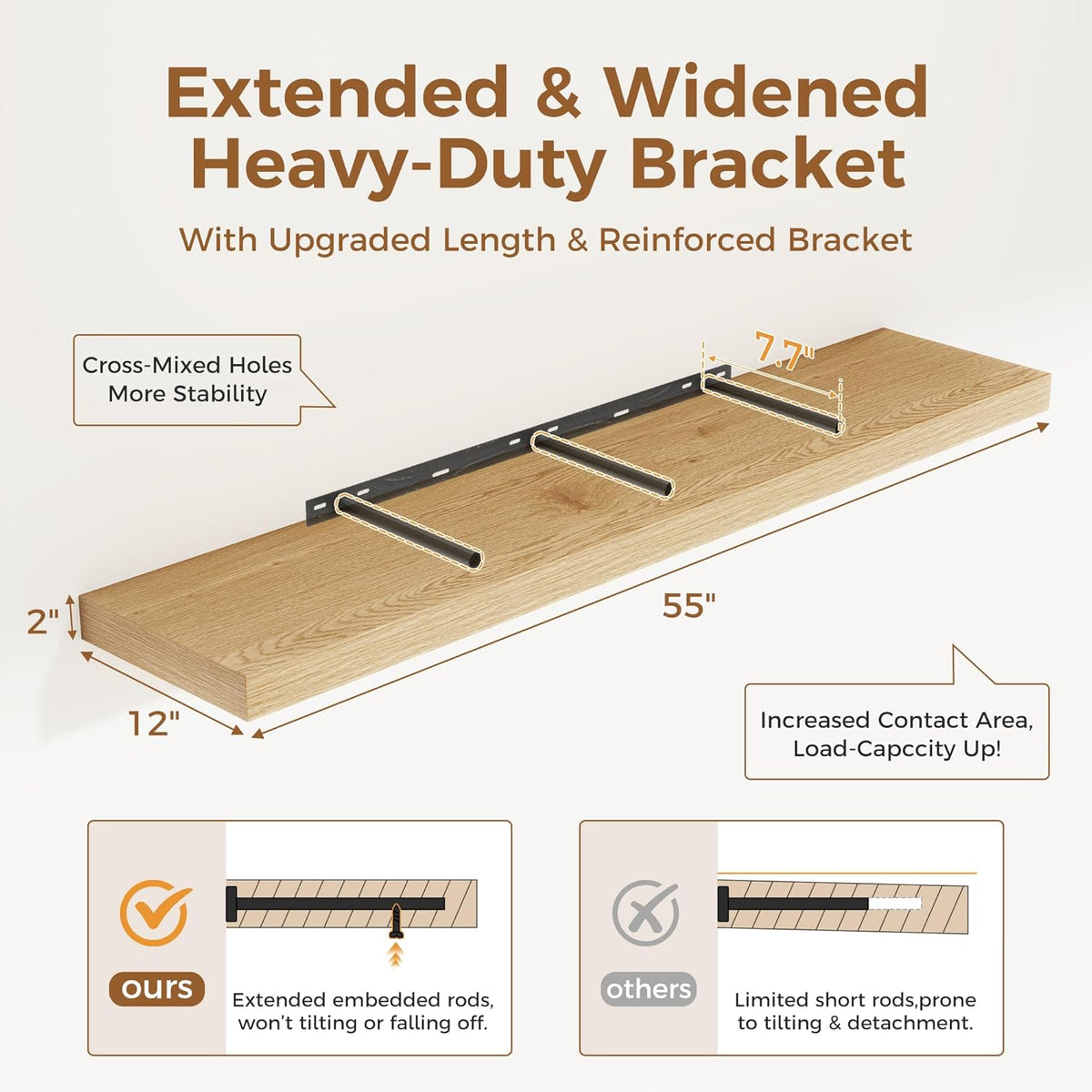 Fun Memories 55 Inch Floating Shelves, 12 Inch Deep Floating Shelf for Wall, 55 x 12 Large Floating
