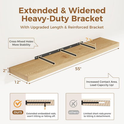 Fun Memories 55 Inch Floating Shelves, 12 Inch Deep Floating Shelf for Wall, 55 x 12 Large Floating