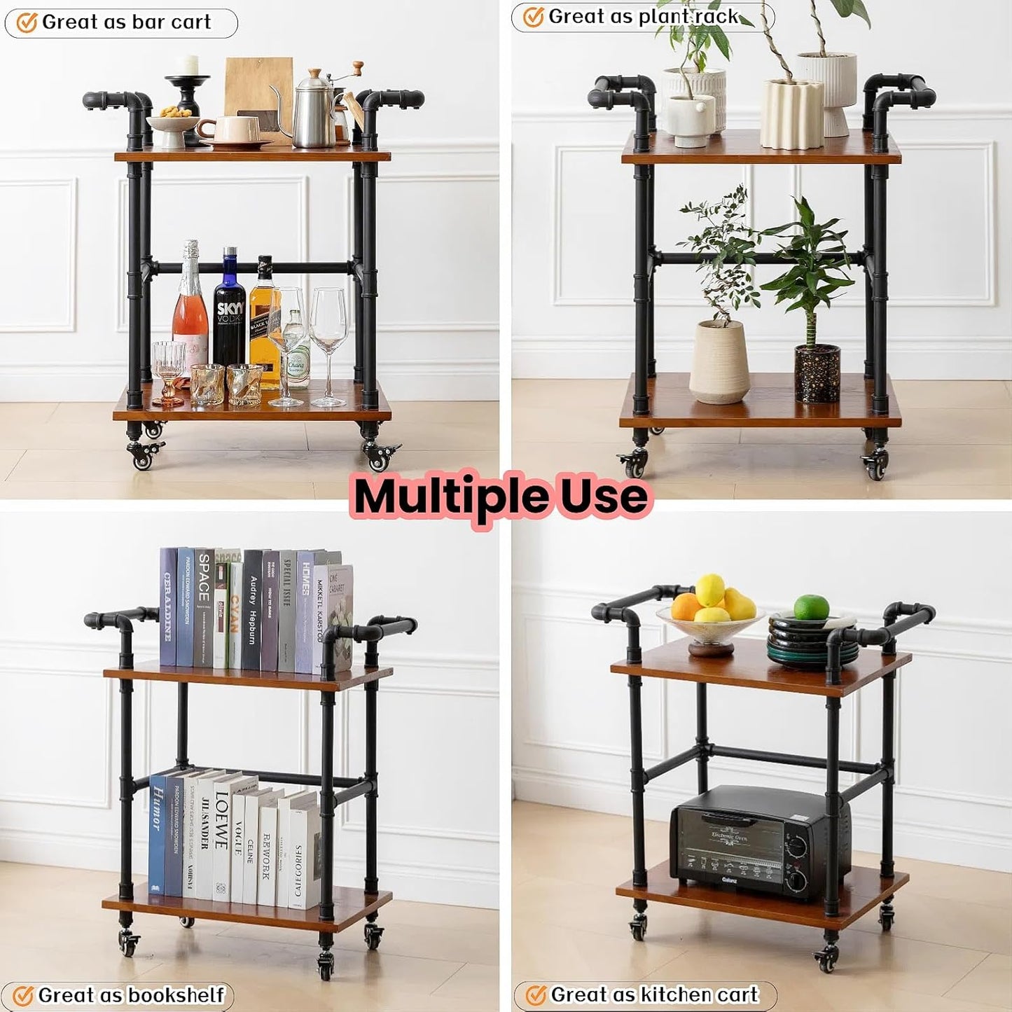 Industrial Pipe Bar Carts/Serving Carts/Kitchen Carts/Wine Rack Carts on Wheels with Shelves - Wood